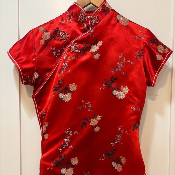 Vintage 1970s Satin Blouse with traditional cheongsam mandarin collar - Picture 1 of 4
